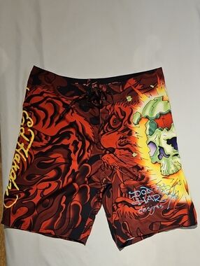 Ed Hardy Red Black Orange Graphic Skull Men's Swim Trunks